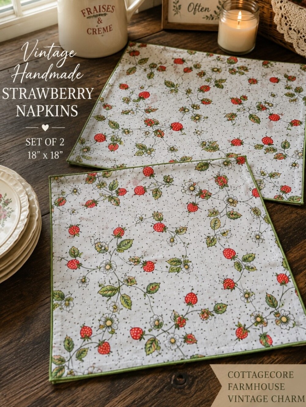 Vintage Handmade Strawberry Floral Cloth Napkins Set of 2 Cottagecore 18x18